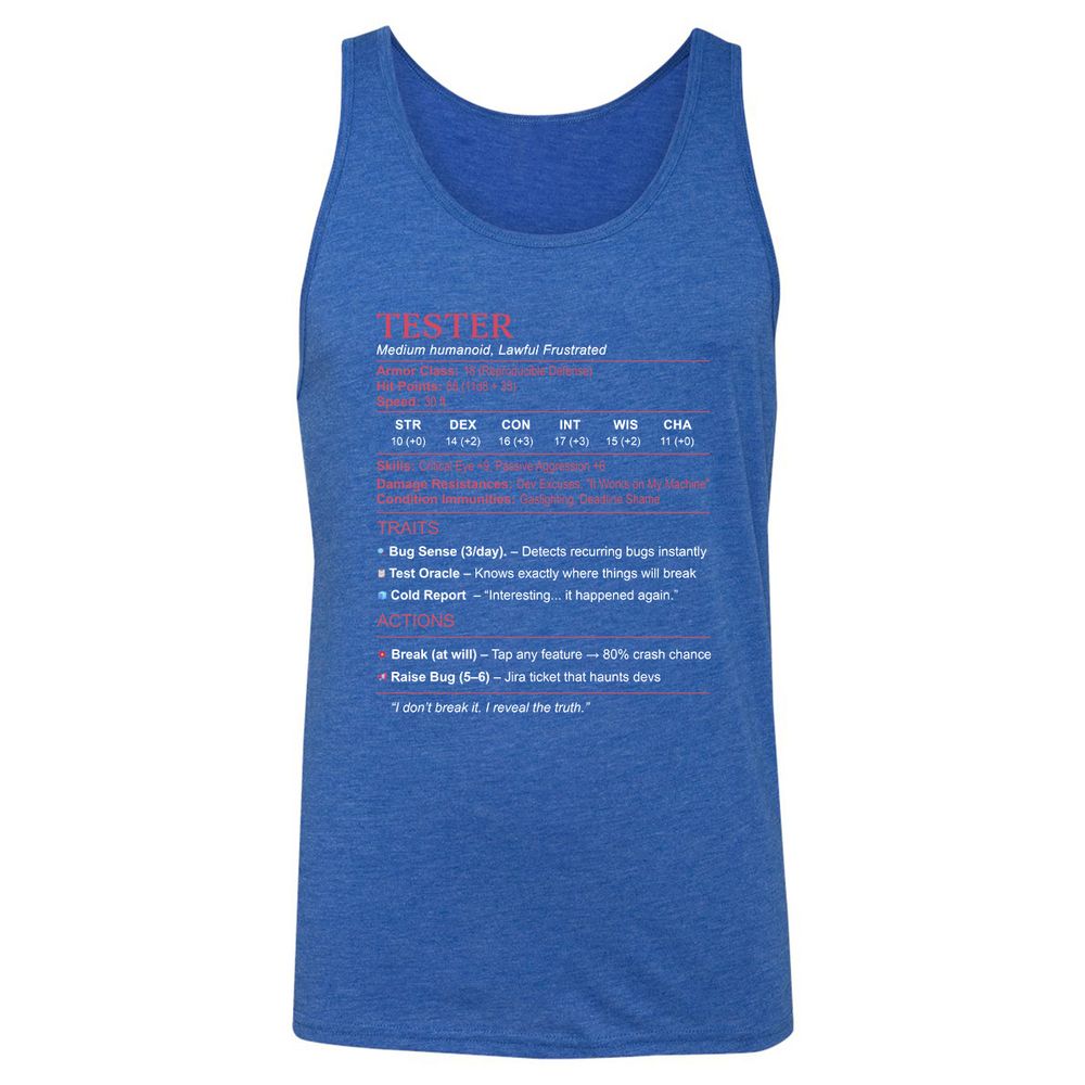 Tester Stats Unisex Jersey Tank - True Royal Triblend - 12