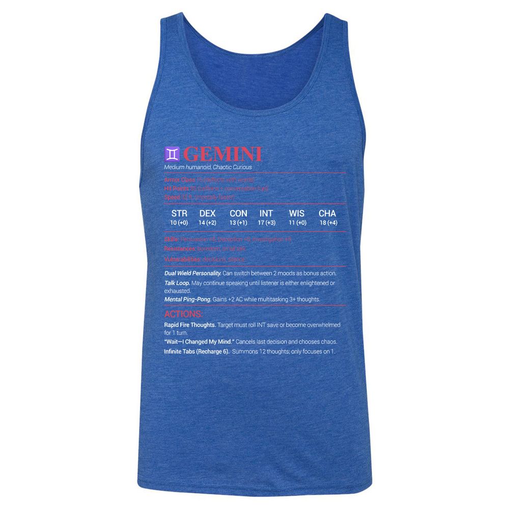Gemini Stats Unisex Jersey Tank - True Royal Triblend - 12