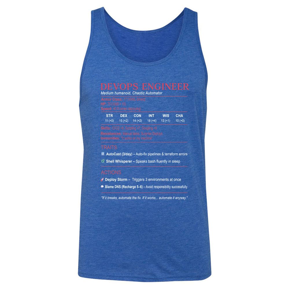 DevOps Engineer Stats Unisex Jersey Tank - True Royal Triblend - 12
