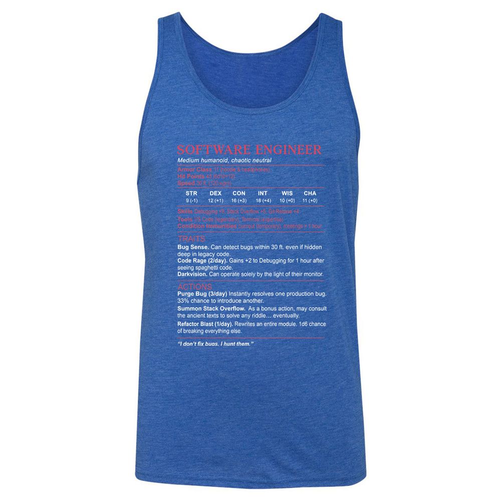 Software Engineer Stats Unisex Jersey Tank - True Royal Triblend - 12