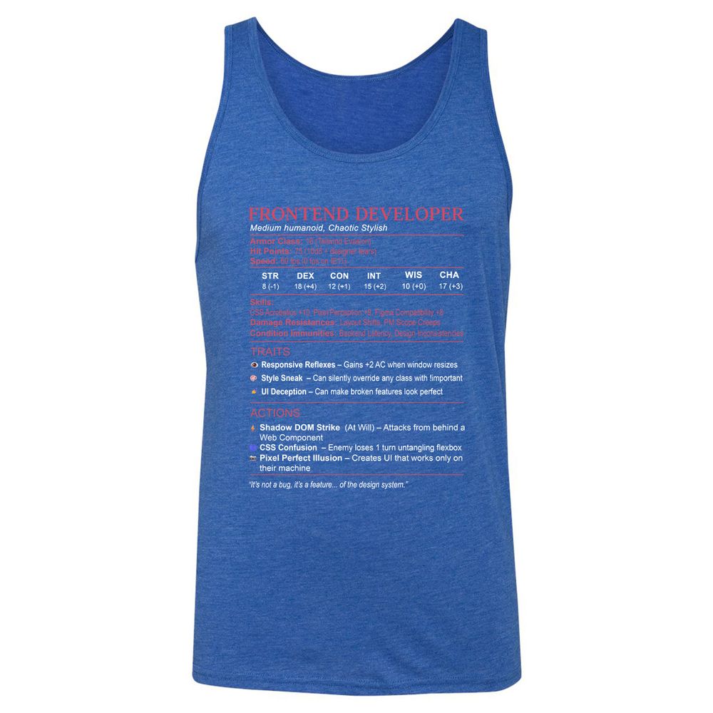 Frontend Developer Stats Unisex Jersey Tank - True Royal Triblend - 12