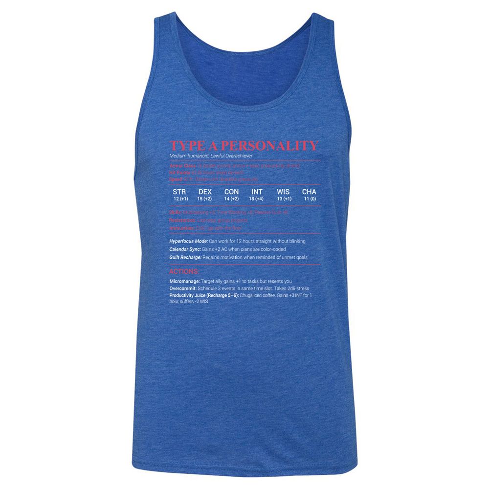 Type A Stats Unisex Jersey Tank - True Royal Triblend - 12