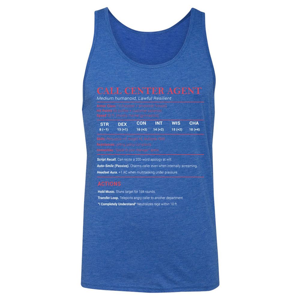 Call Center Agent Stats Unisex Jersey Tank - True Royal Triblend - 12