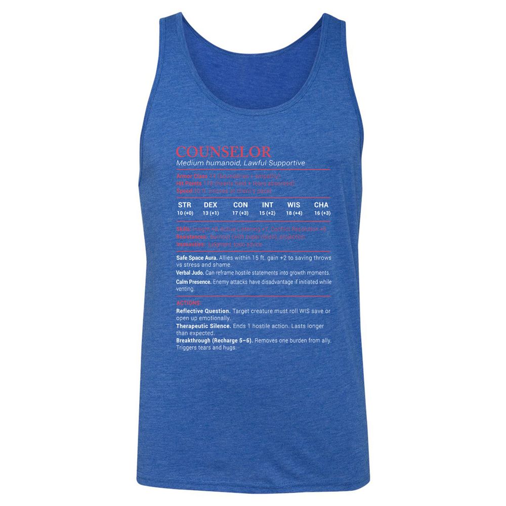 Counselor Stats Unisex Jersey Tank - True Royal Triblend - 12