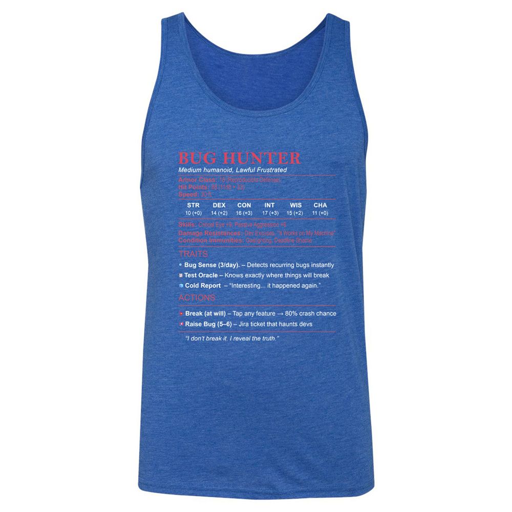 Tester Stats (Bug Hunter) Unisex Jersey Tank - True Royal Triblend - 12