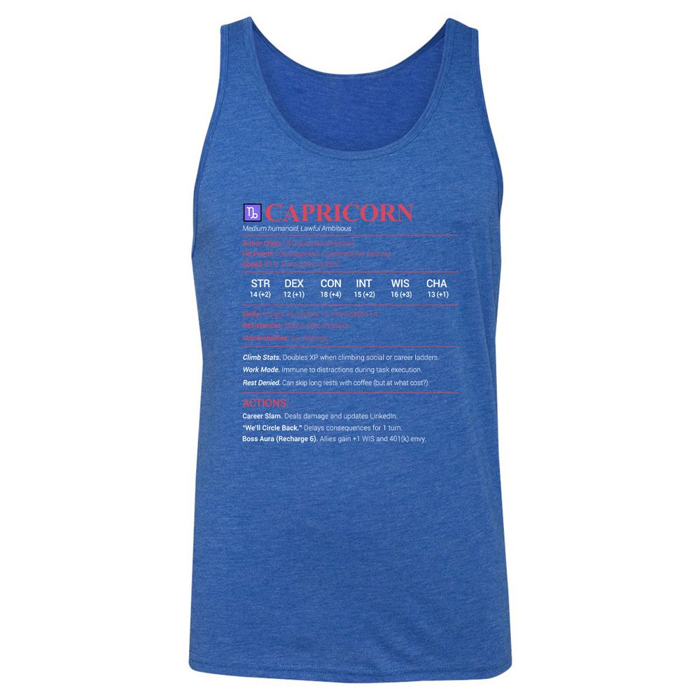 Capricorn Stats Unisex Jersey Tank - True Royal Triblend - 12