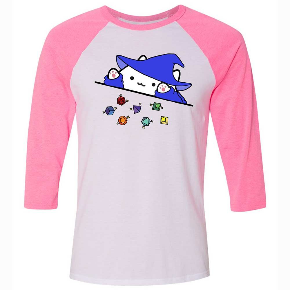 Cat Throws Dices Unisex 3/4 Baseball Tee - White/Neon Pink - 12