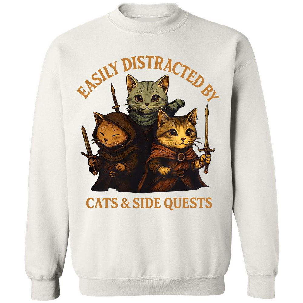 Easily Distracted By Cats & Side Quests Classic Unisex Sweatshirt - White - 12