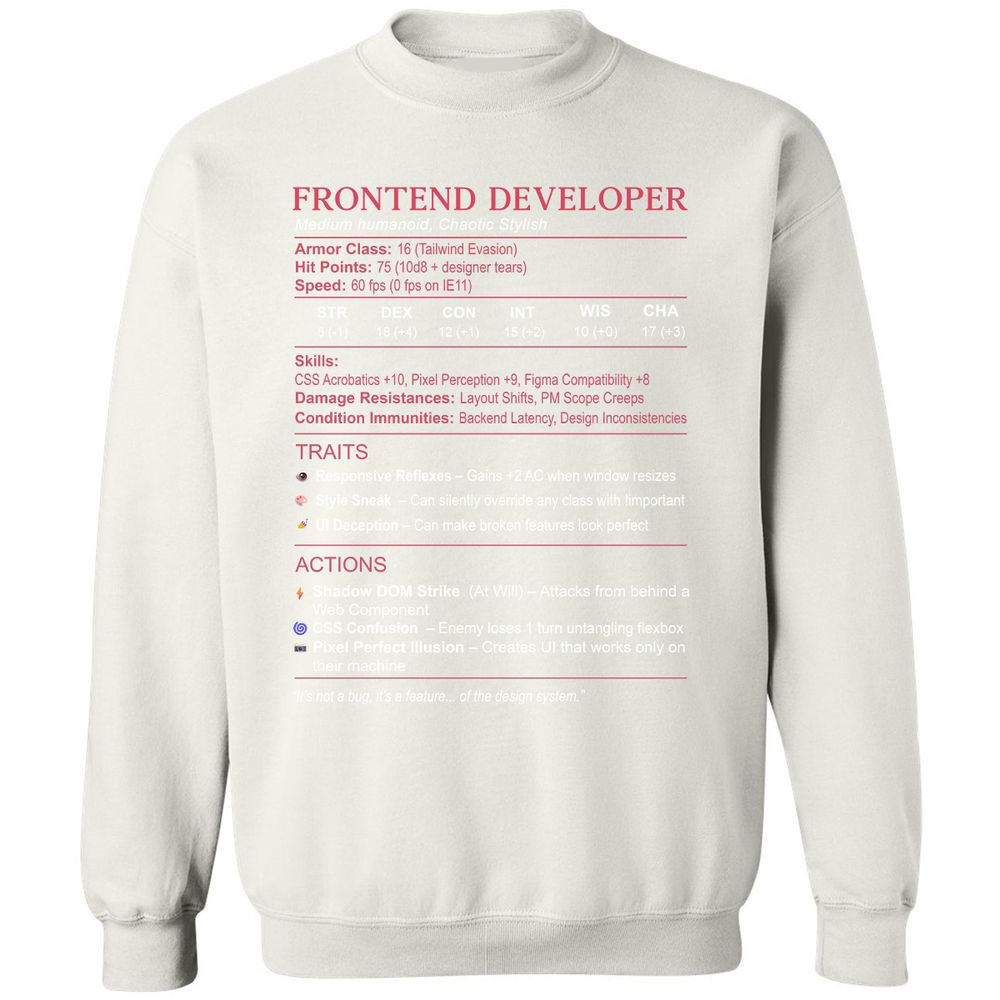 Frontend Developer Stats Classic Unisex Sweatshirt - White - 12