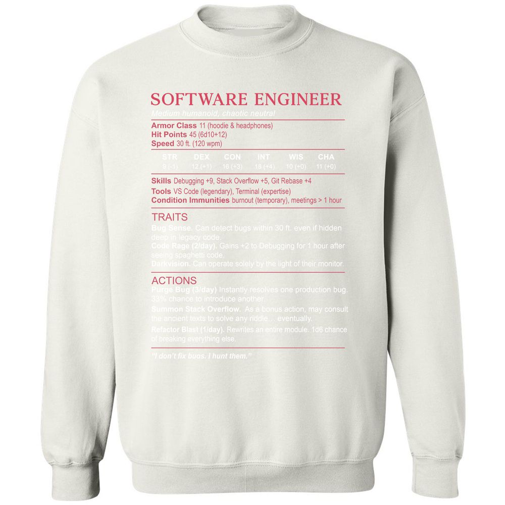 Software Engineer Stats Classic Unisex Sweatshirt - White - 12