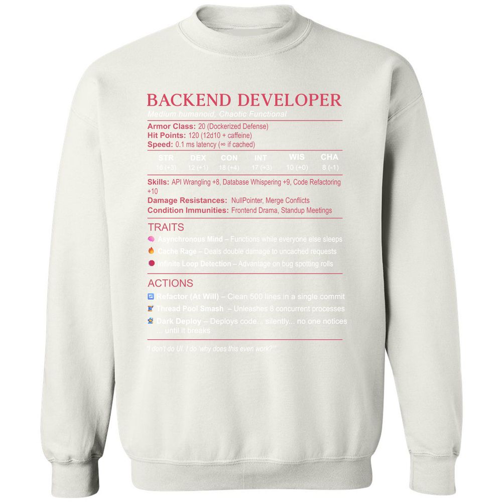 Backend Developer Stats Classic Unisex Sweatshirt - White - 12