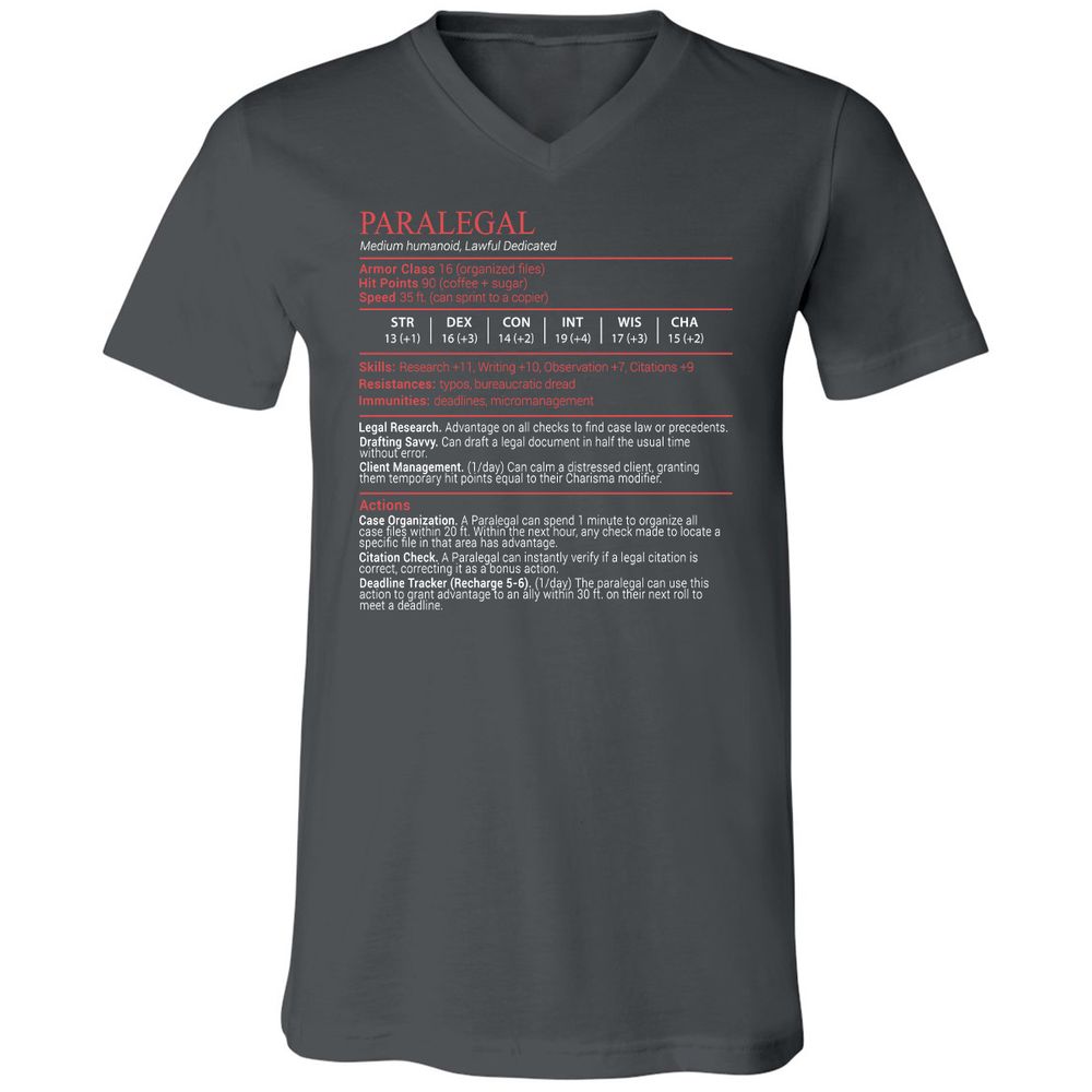 Paralegal Stats Block Unisex V-Neck T-Shirt - Asphalt - 13
