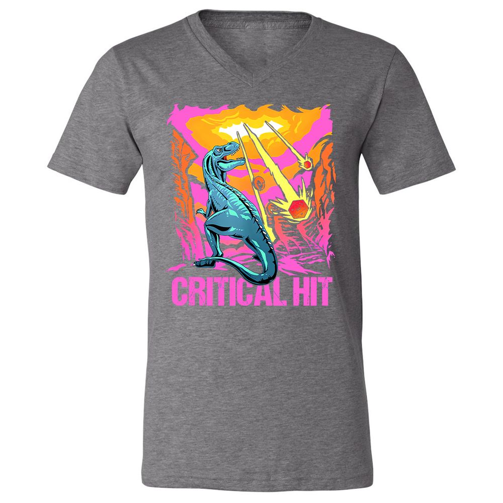 Dinosaur Critical Hit Unisex V-Neck T-Shirt - Deep Heather - 13