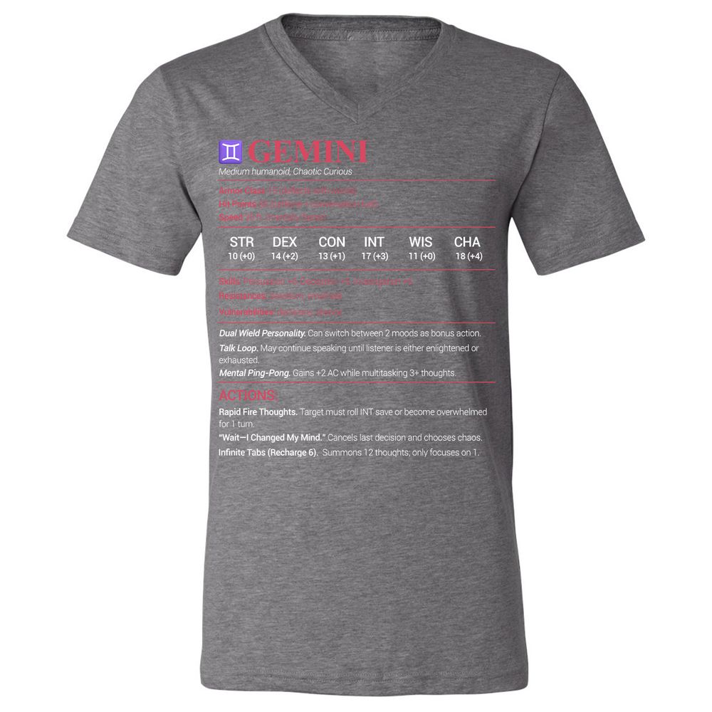 Gemini Stats Unisex V-Neck T-Shirt - Deep Heather - 13