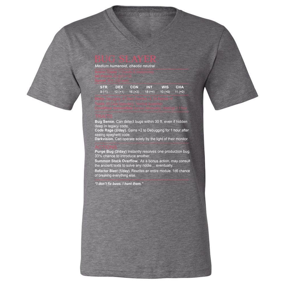 Software Engineer Stats (Bug Slayer) Unisex V-Neck T-Shirt - Deep Heather - 13