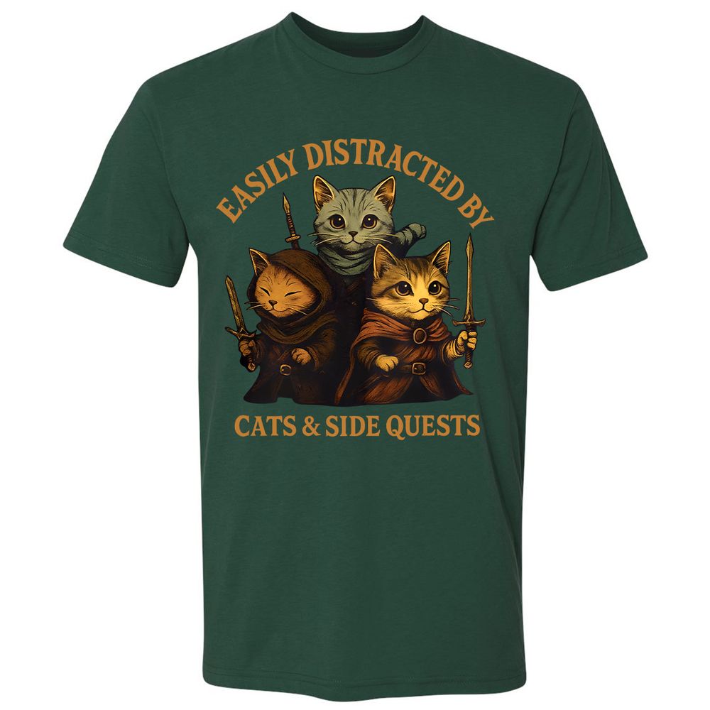 Easily Distracted By Cats & Side Quests Premium Unisex T-Shirt - Forest Green - 13