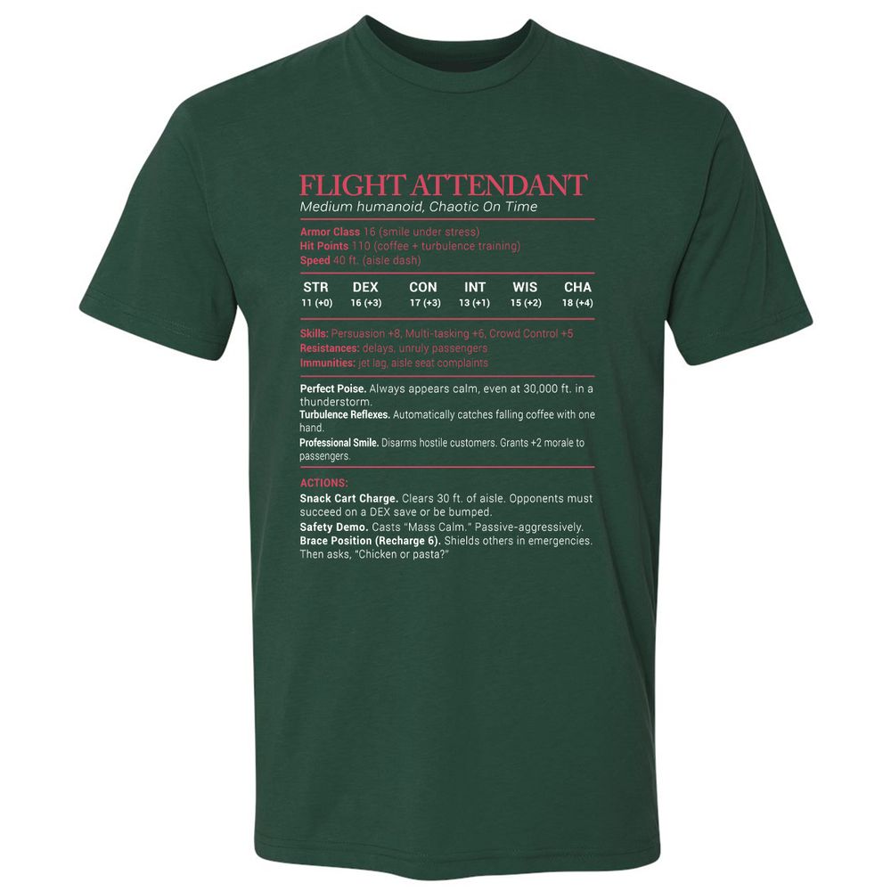 Flight Attendant Stats Premium Unisex T-Shirt - Forest Green - 13