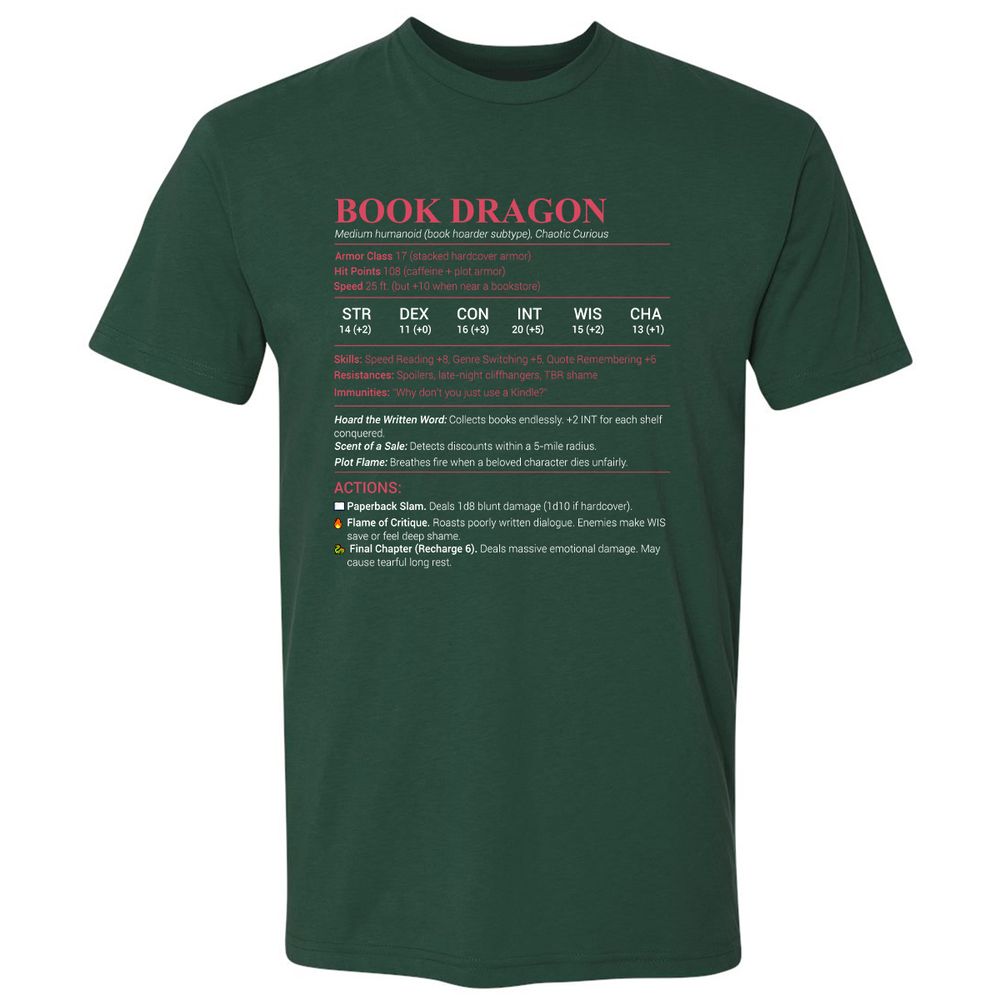 Book Dragon Stats Premium Unisex T-Shirt - Forest Green - 13