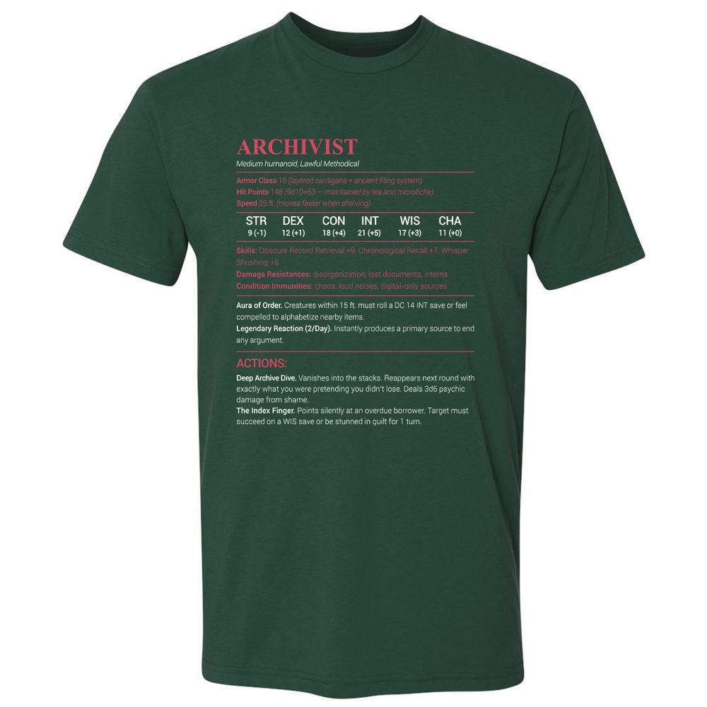 Archivist Stats Premium Unisex T-Shirt - Forest Green - 13