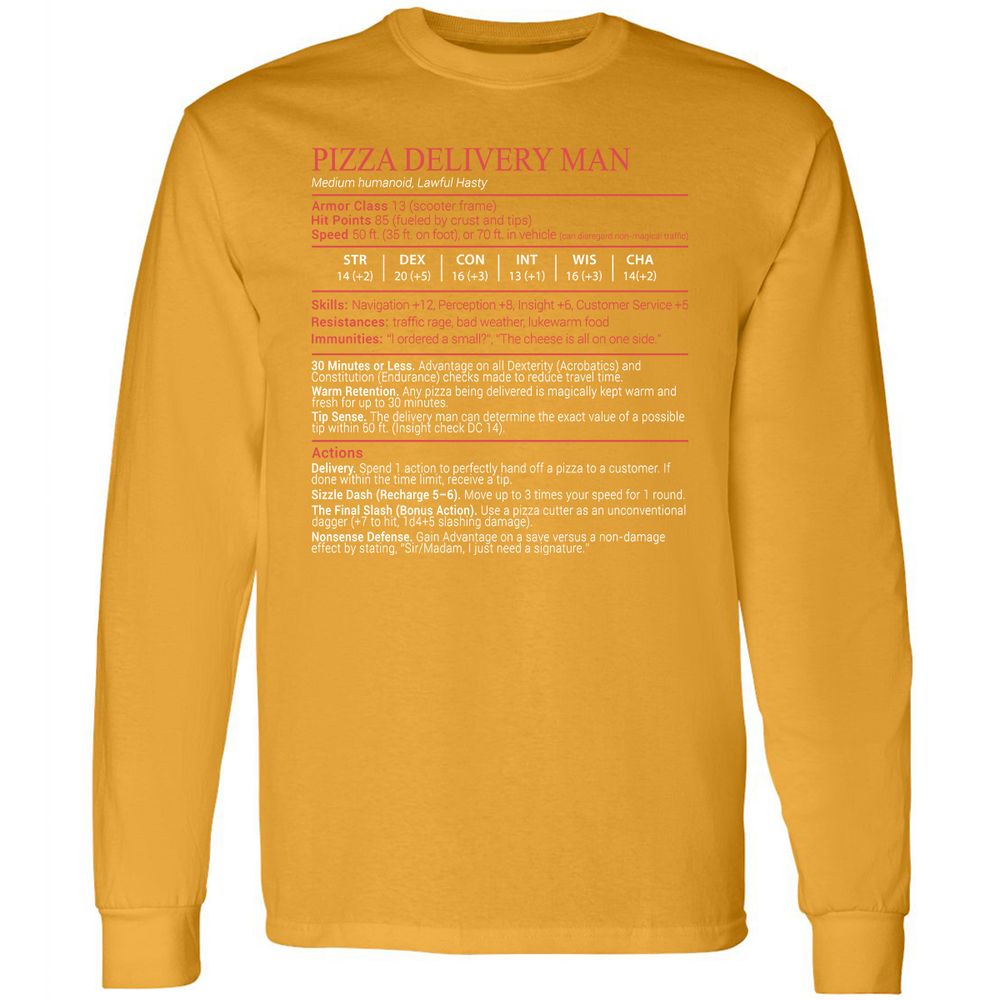 Pizza Delivery Man Stats Block Long Sleeve T-Shirt - Gold - 13