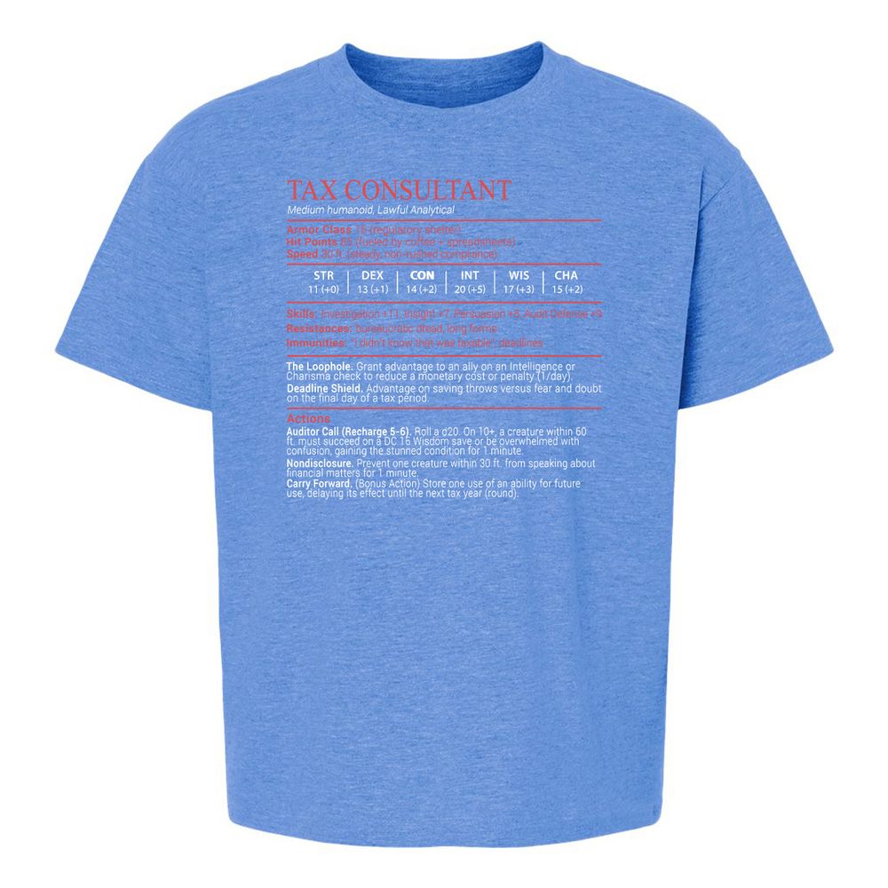 Tax Consultant Stats Block Kids T-Shirt - Heather Royal - 13