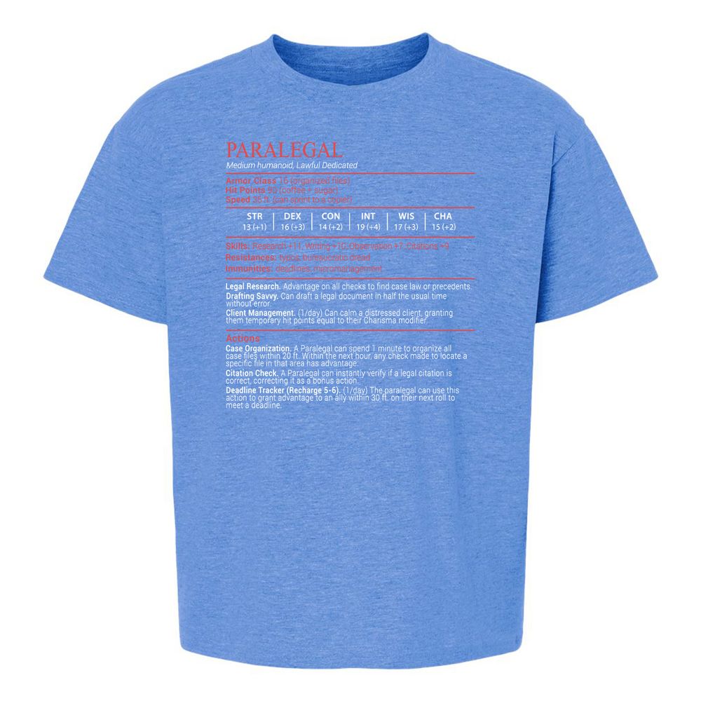 Paralegal Stats Block Kids T-Shirt - Heather Royal - 13