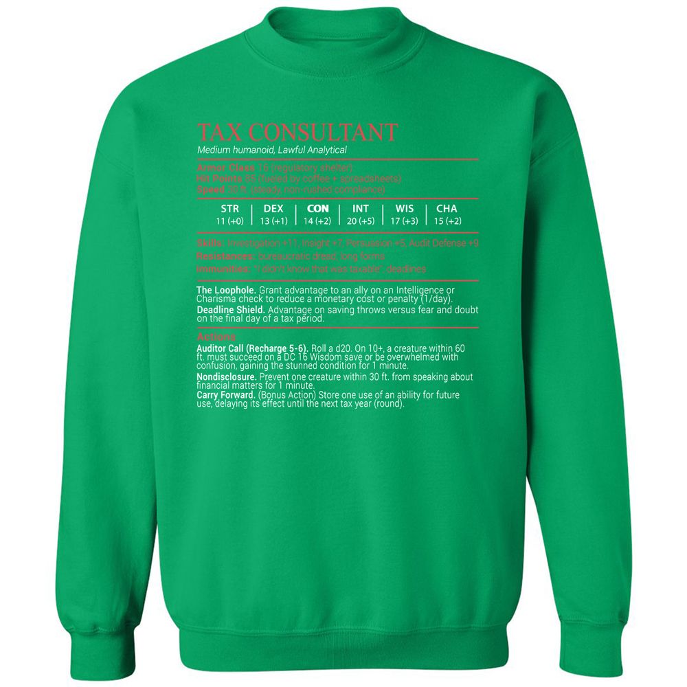 Tax Consultant Stats Block Classic Unisex Sweatshirt - Irish Green - 13
