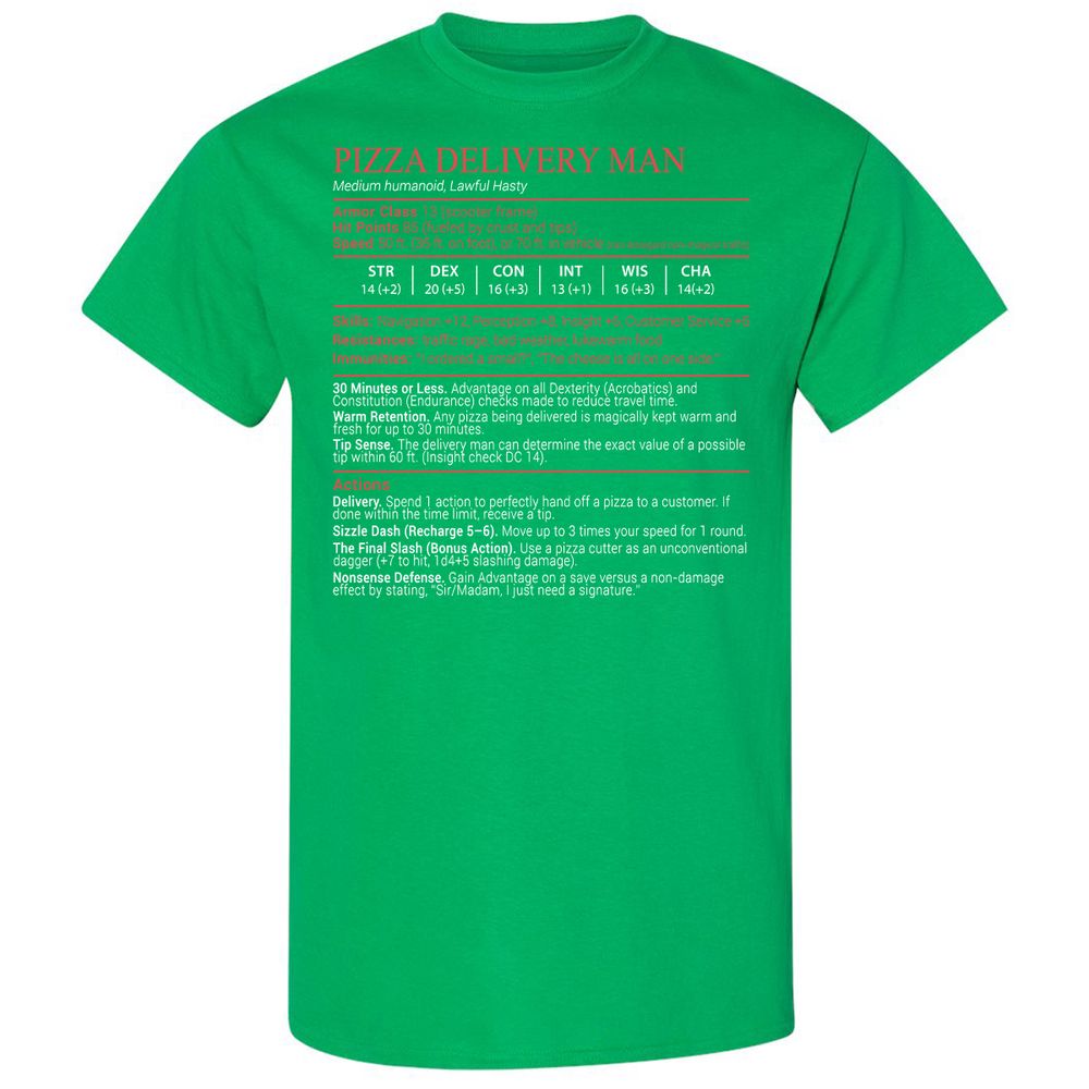 Pizza Delivery Man Stats Block - Irish Green - 13