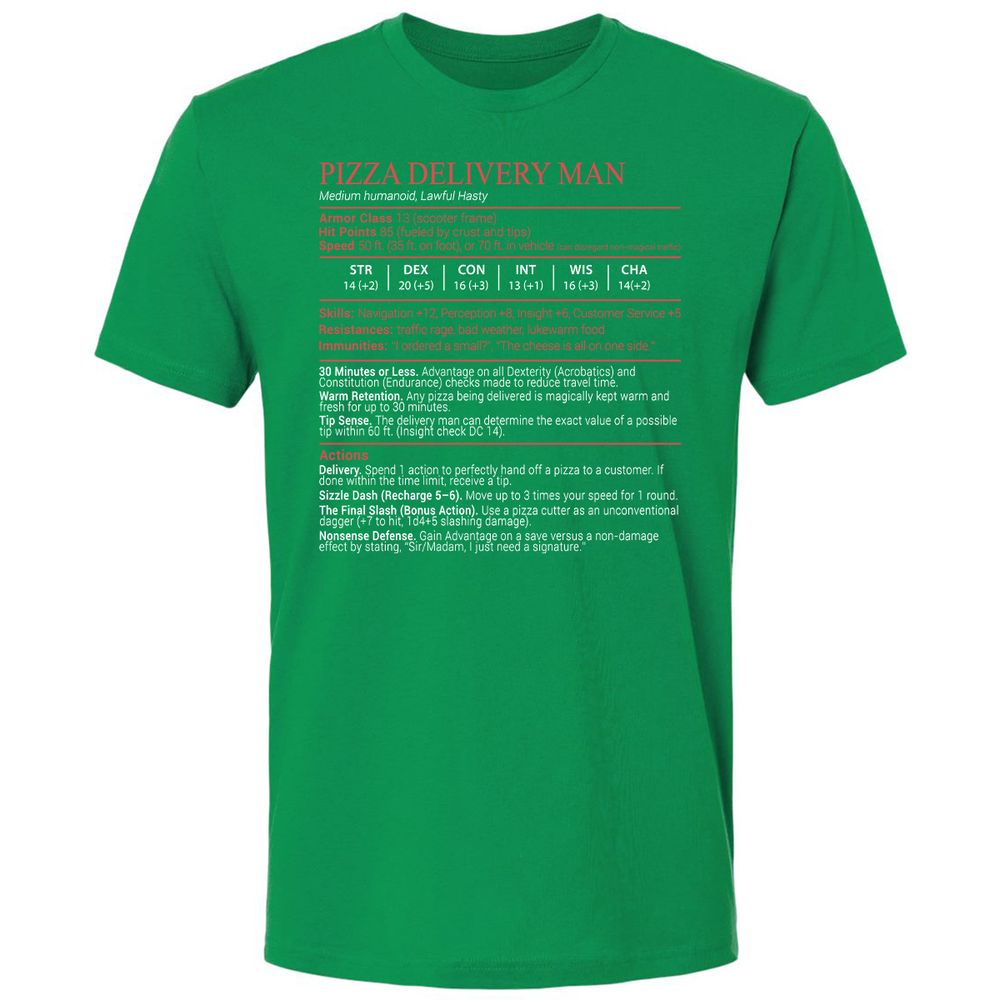 Pizza Delivery Man Stats Block Premium Unisex T-Shirt - Kelly Green - 13