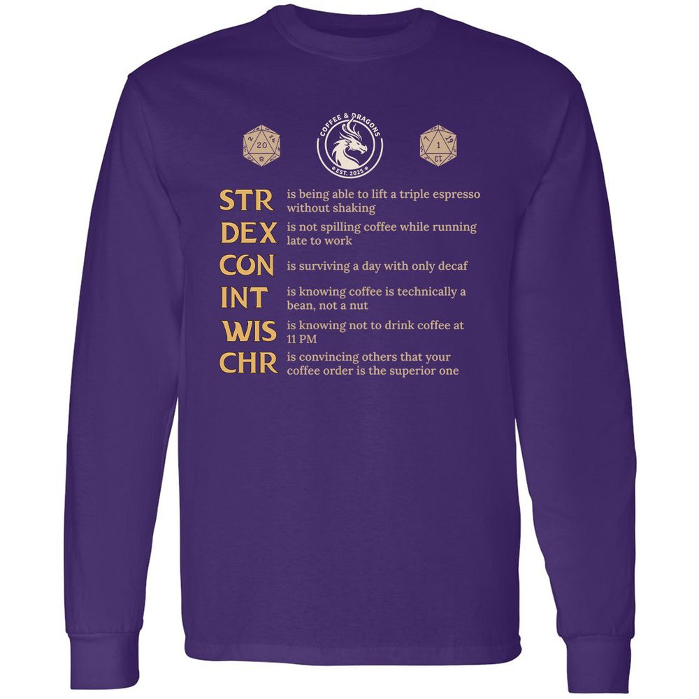 Coffee & Dragons RPG Stats Long Sleeve T-Shirt - Purple - 13