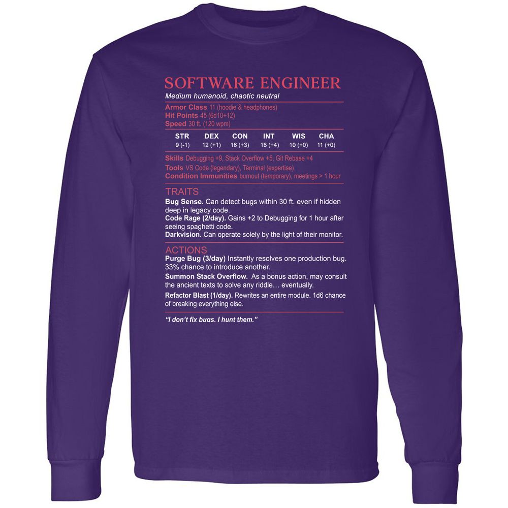 Software Engineer Stats Long Sleeve T-Shirt - Purple - 13