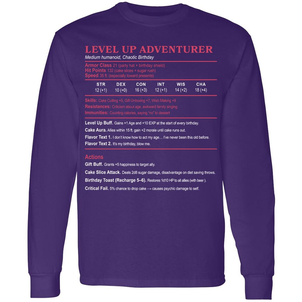 Level Up Adventurer Long Sleeve T-Shirt - Purple - 13
