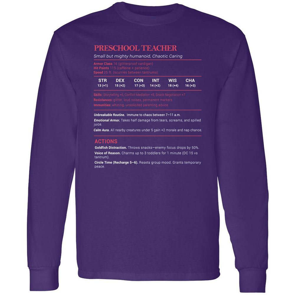 Preschool Teacher Stats Long Sleeve T-Shirt - Purple - 13