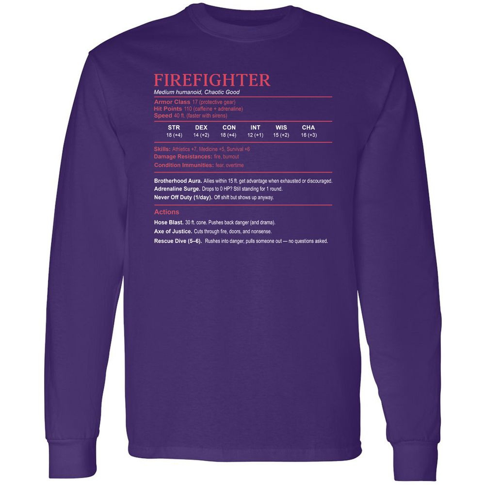 Firefighter Stats Long Sleeve T-Shirt - Purple - 13