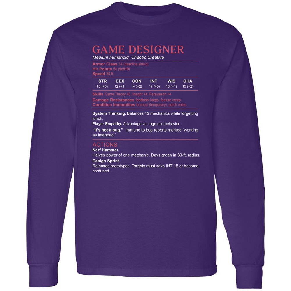 Game Designer Stats Long Sleeve T-Shirt - Purple - 13