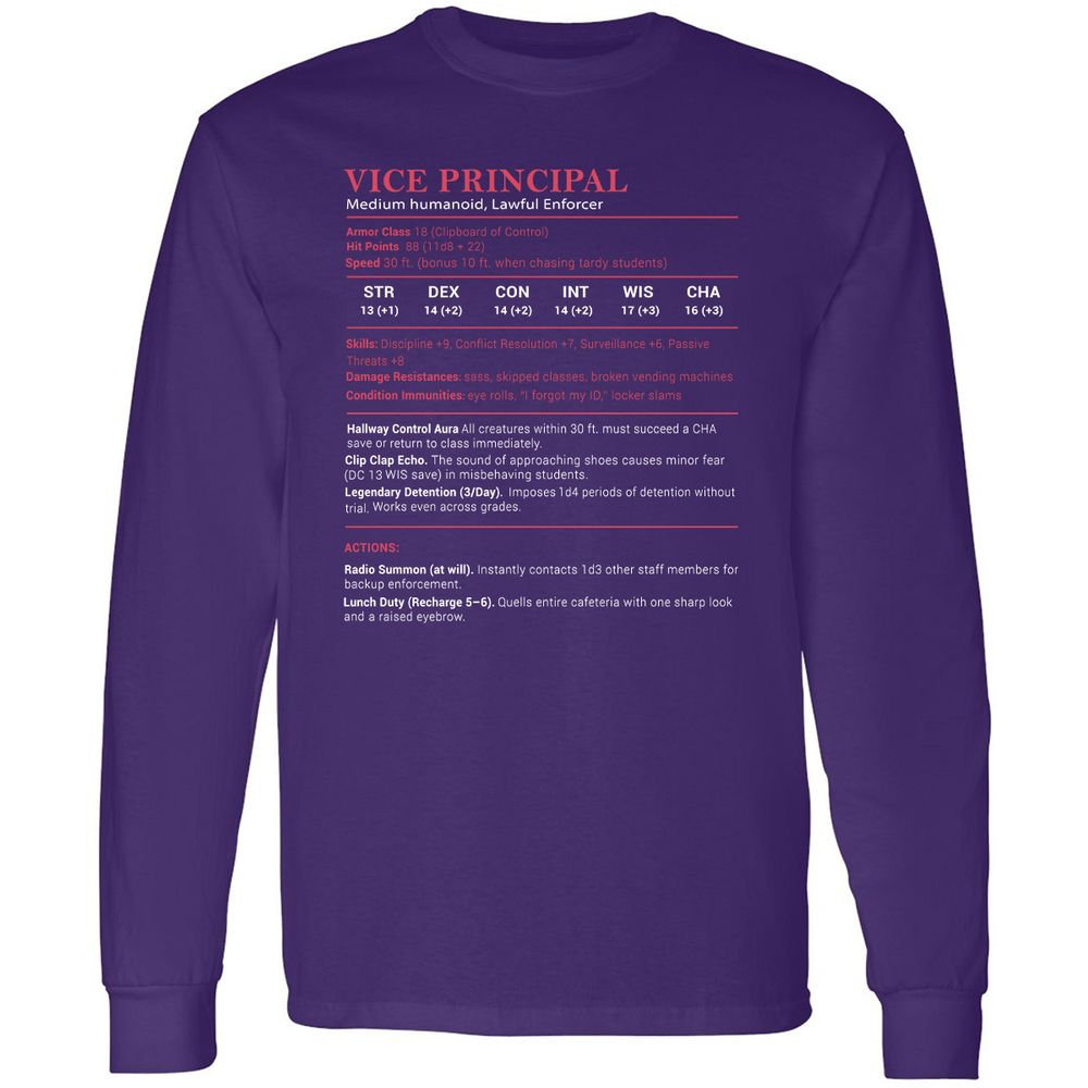 Vice Principal Stats Long Sleeve T-Shirt - Purple - 13