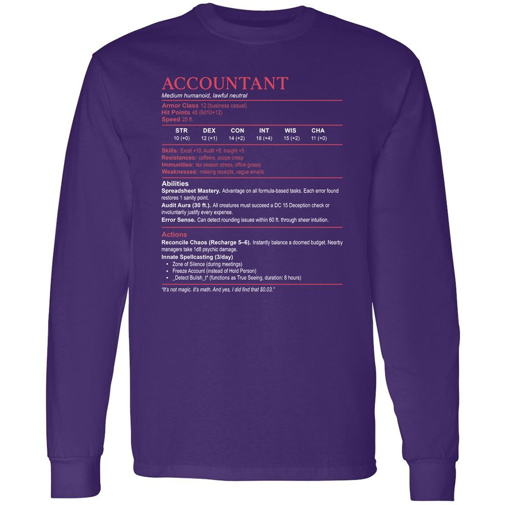 Accountant Stats Long Sleeve T-Shirt - Purple - 13