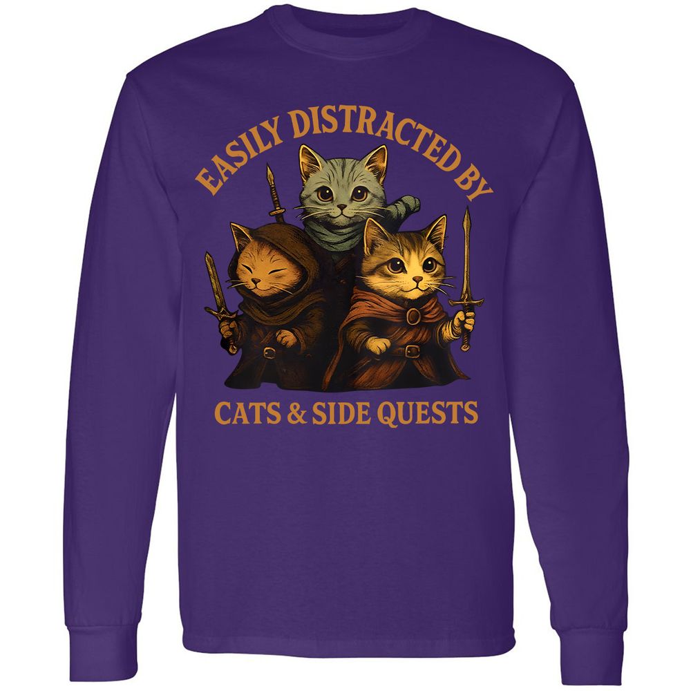 Easily Distracted By Cats & Side Quests Long Sleeve T-Shirt - Purple - 13