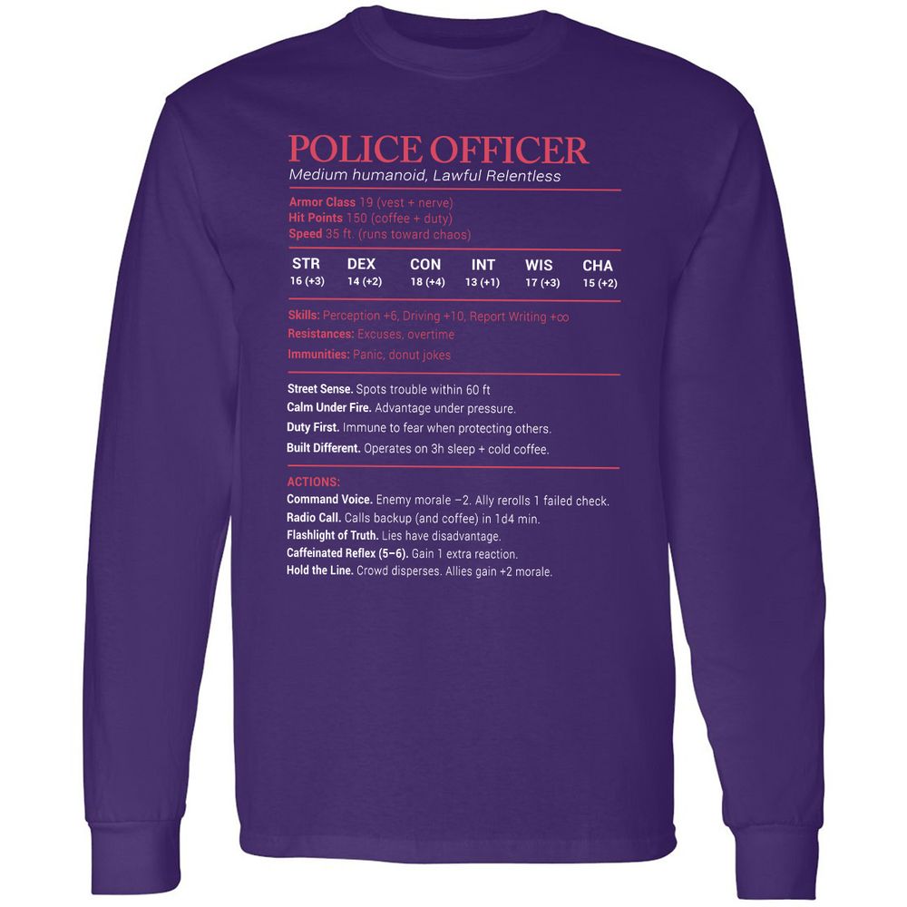 Police Officer Stats Long Sleeve T-Shirt - Purple - 13