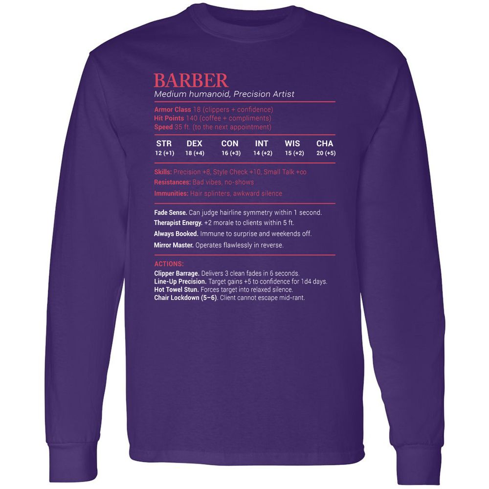 Barber Stats Long Sleeve T-Shirt - Purple - 13