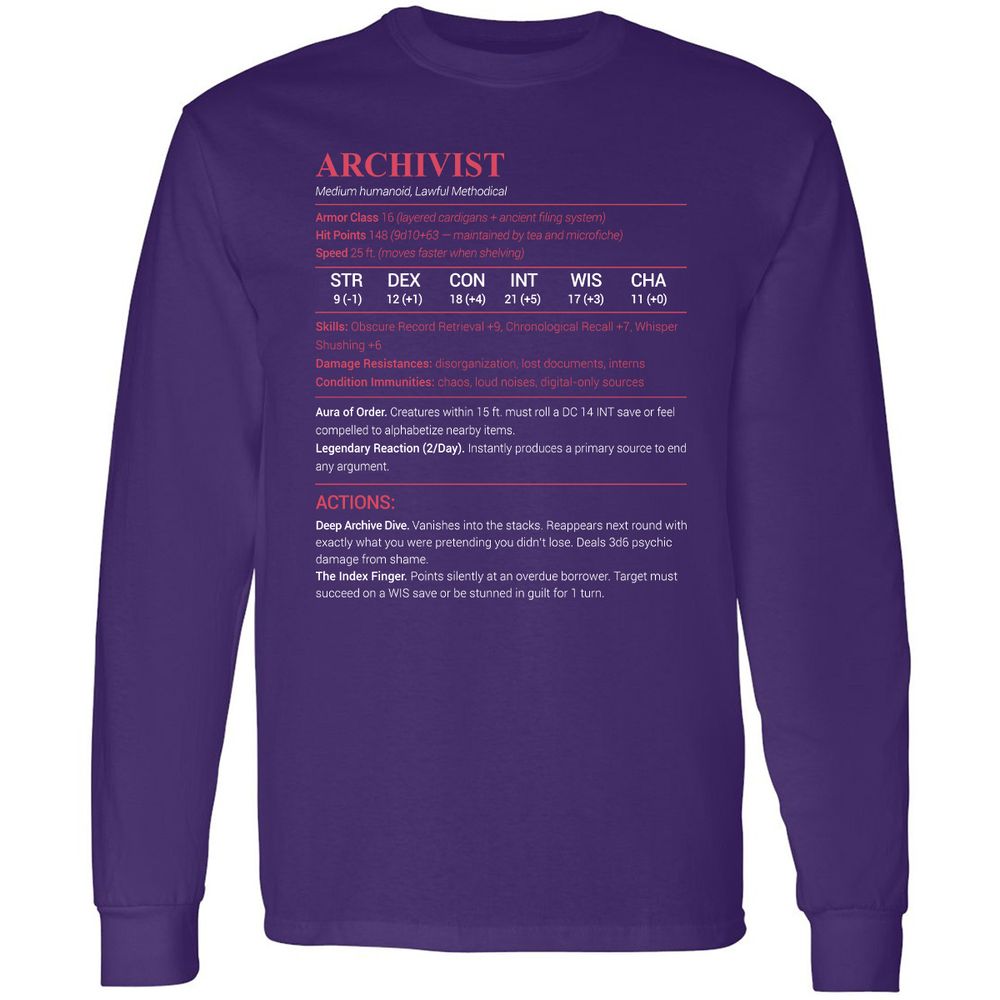 Archivist Stats Long Sleeve T-Shirt - Purple - 13