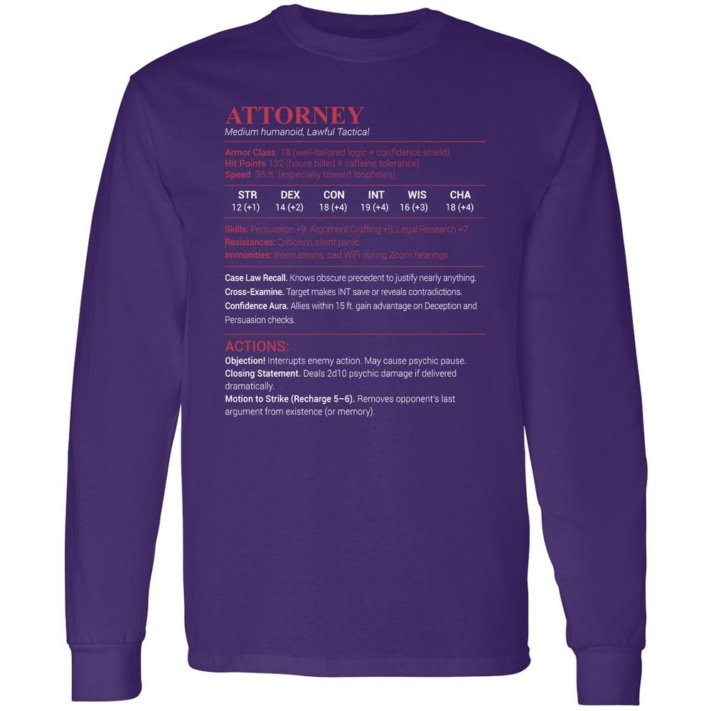 Attorney Stats Long Sleeve T-Shirt - Purple - 13