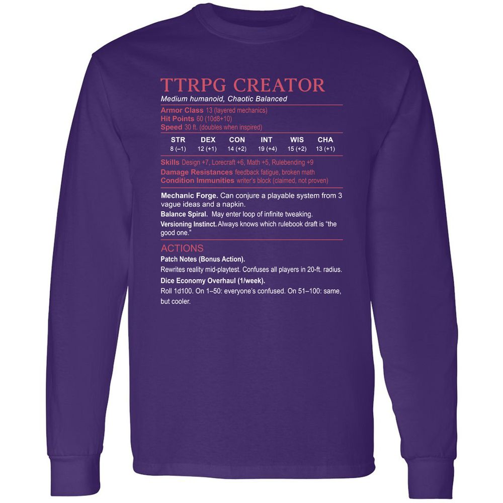 TTRPG Creator Stats Long Sleeve T-Shirt - Purple - 13