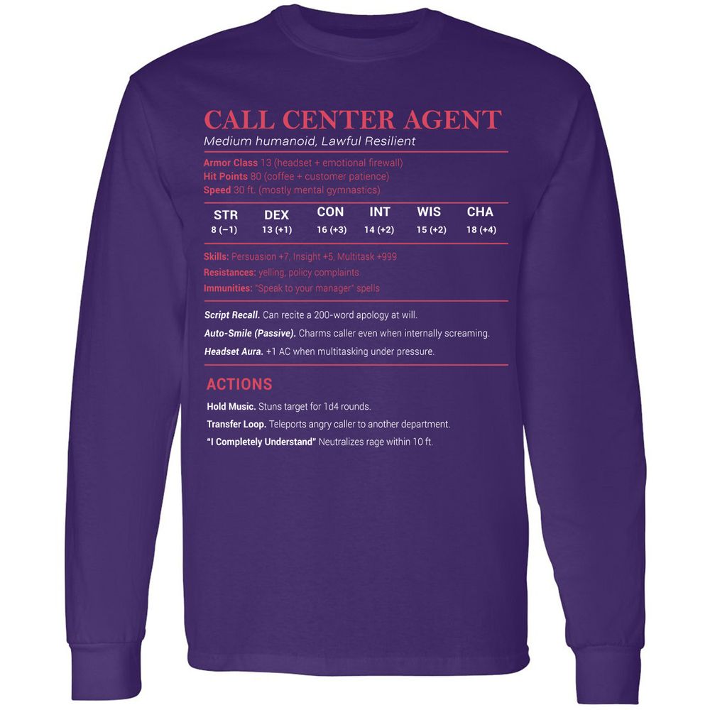 Call Center Agent Stats Long Sleeve T-Shirt - Purple - 13