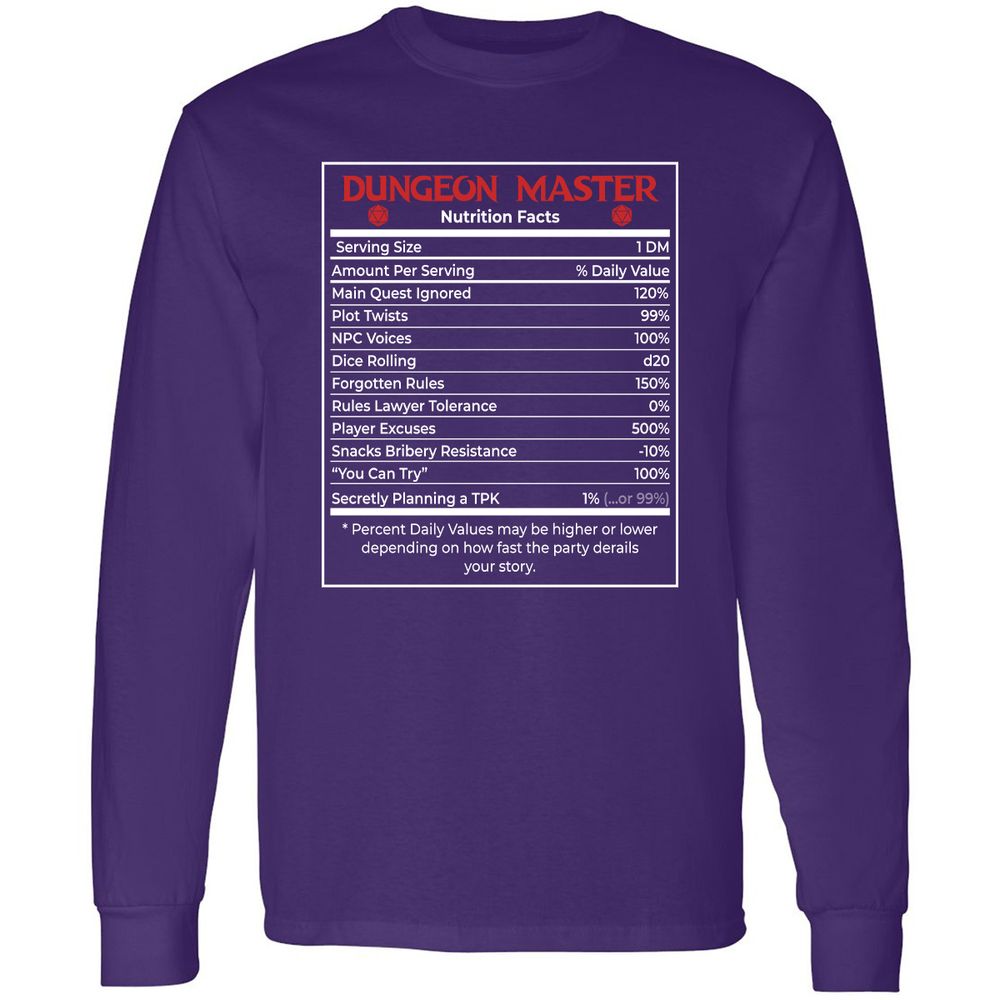 Dungeon Master Nutrition Facts Long Sleeve T-Shirt - Purple - 13