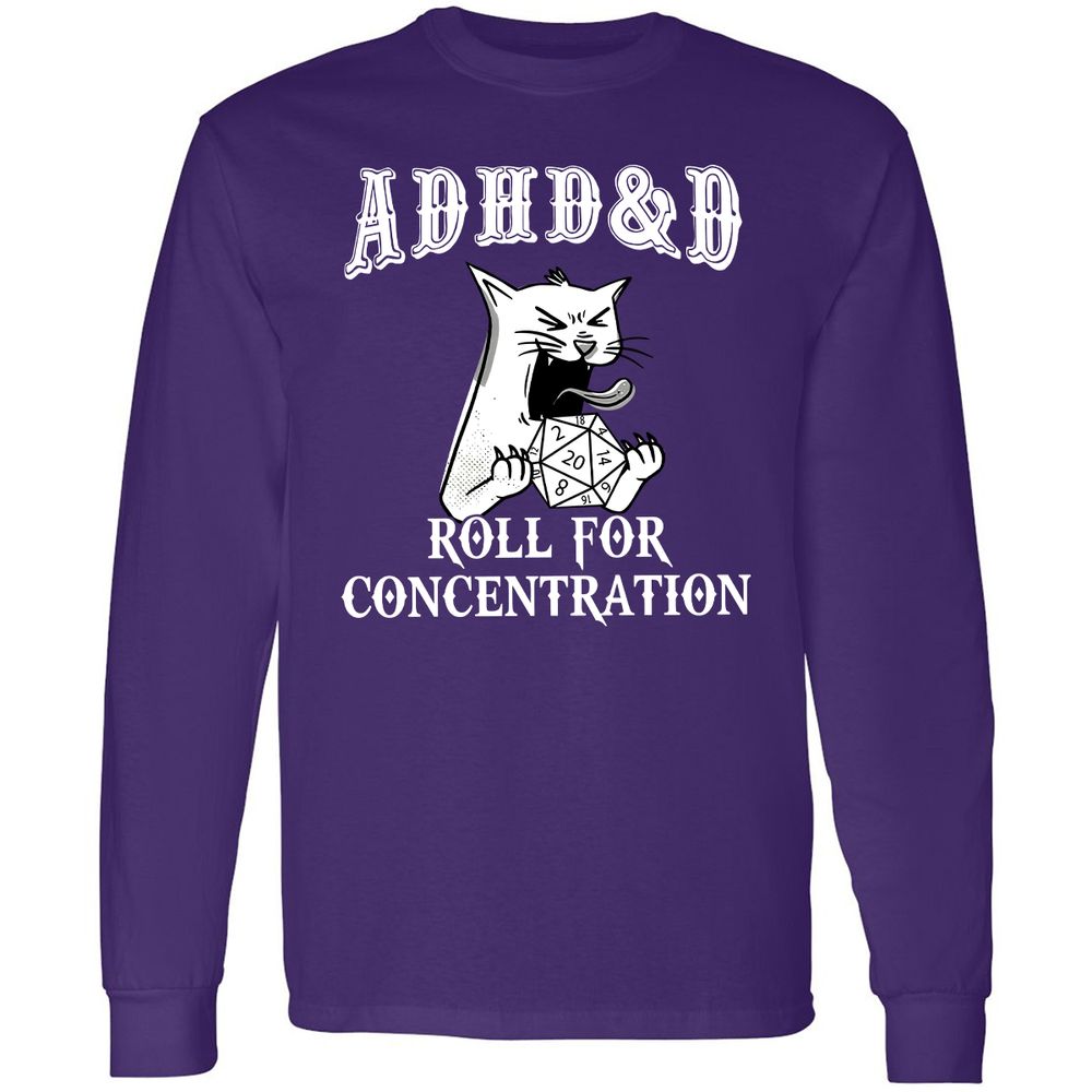Cat ADHD&D Roll For Concentration Long Sleeve T-Shirt - Purple - 13