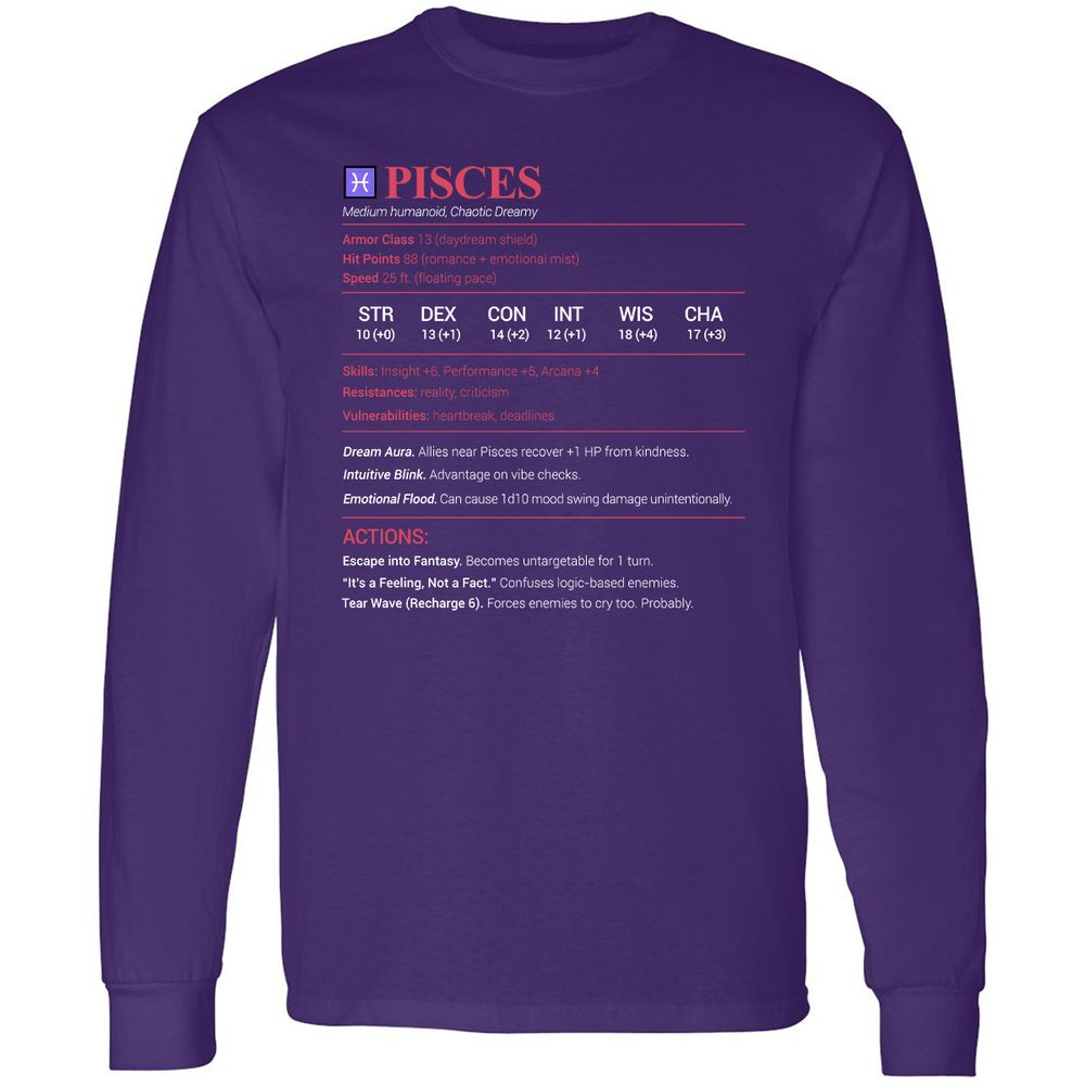 Pisces Stats Long Sleeve T-Shirt - Purple - 13