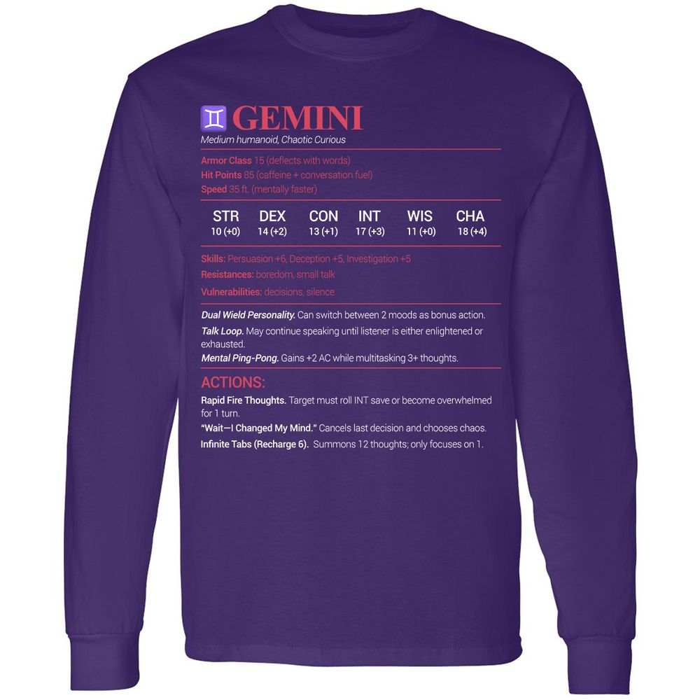 Gemini Stats Long Sleeve T-Shirt - Purple - 13