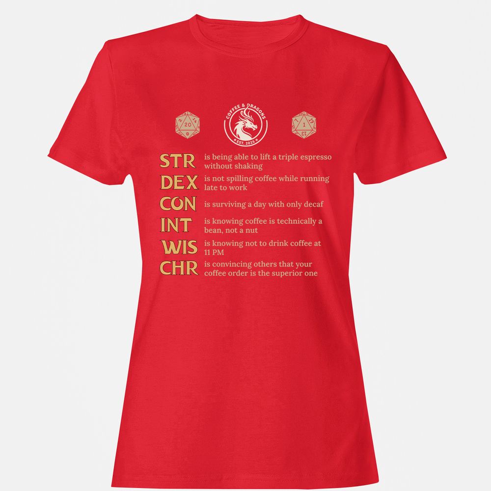 Coffee & Dragons RPG Stats Women's T-Shirt - Red - 13