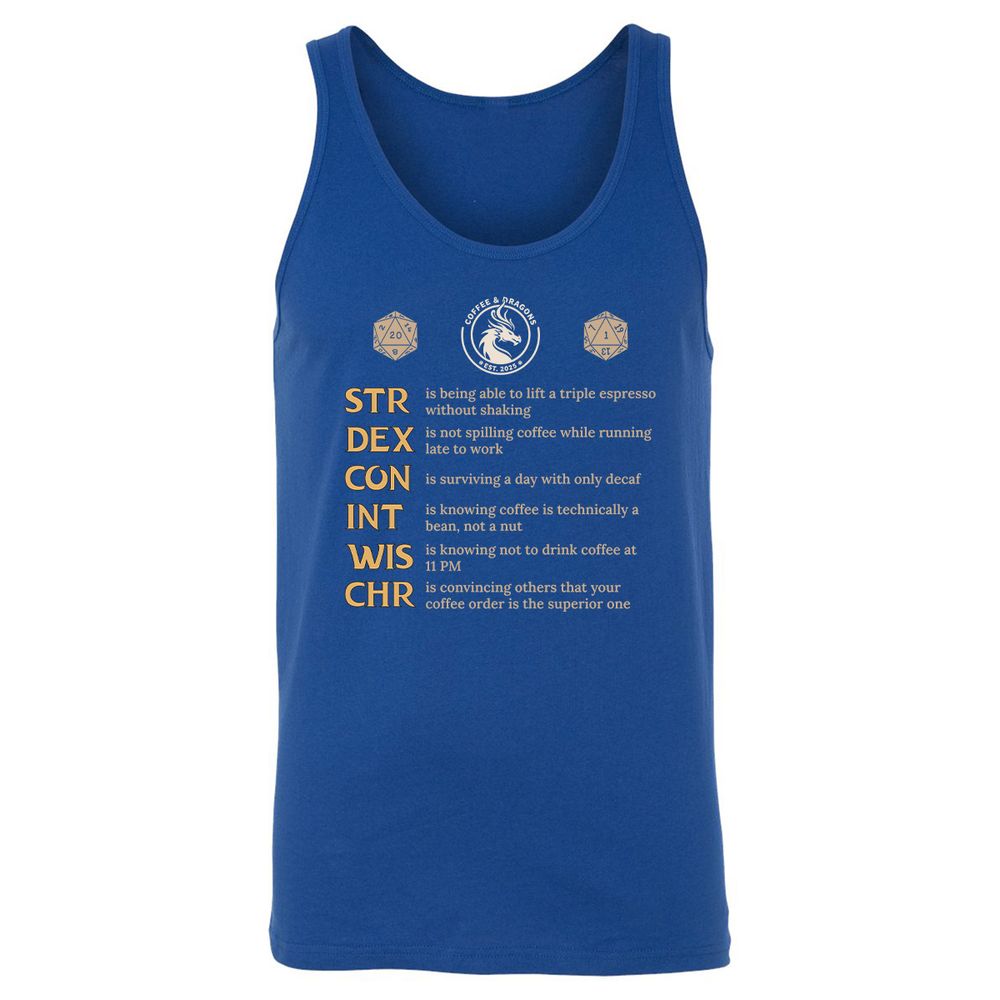 Coffee & Dragons RPG Stats Unisex Jersey Tank - True Royal - 13